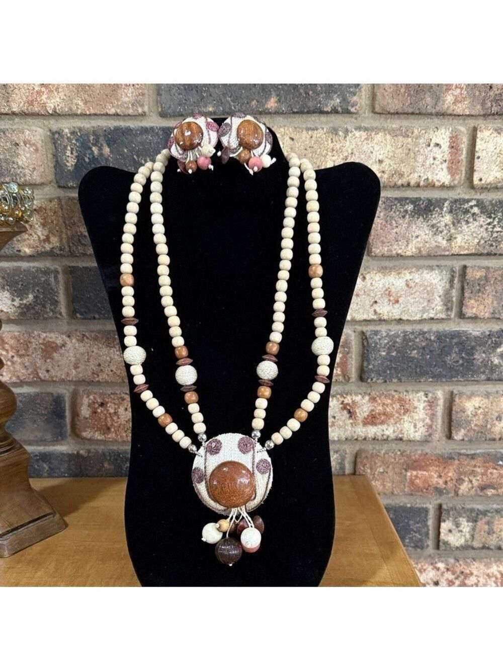 Vintage Tribal Inspired wooden beaded statement necklace and clip earrings set